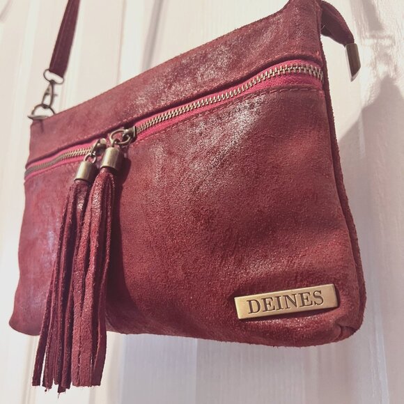 Borse In Pelle-Deines-Soft Calf Leather Crossbody Red Purse-Tassels-Adj Strap - Picture 7 of 15